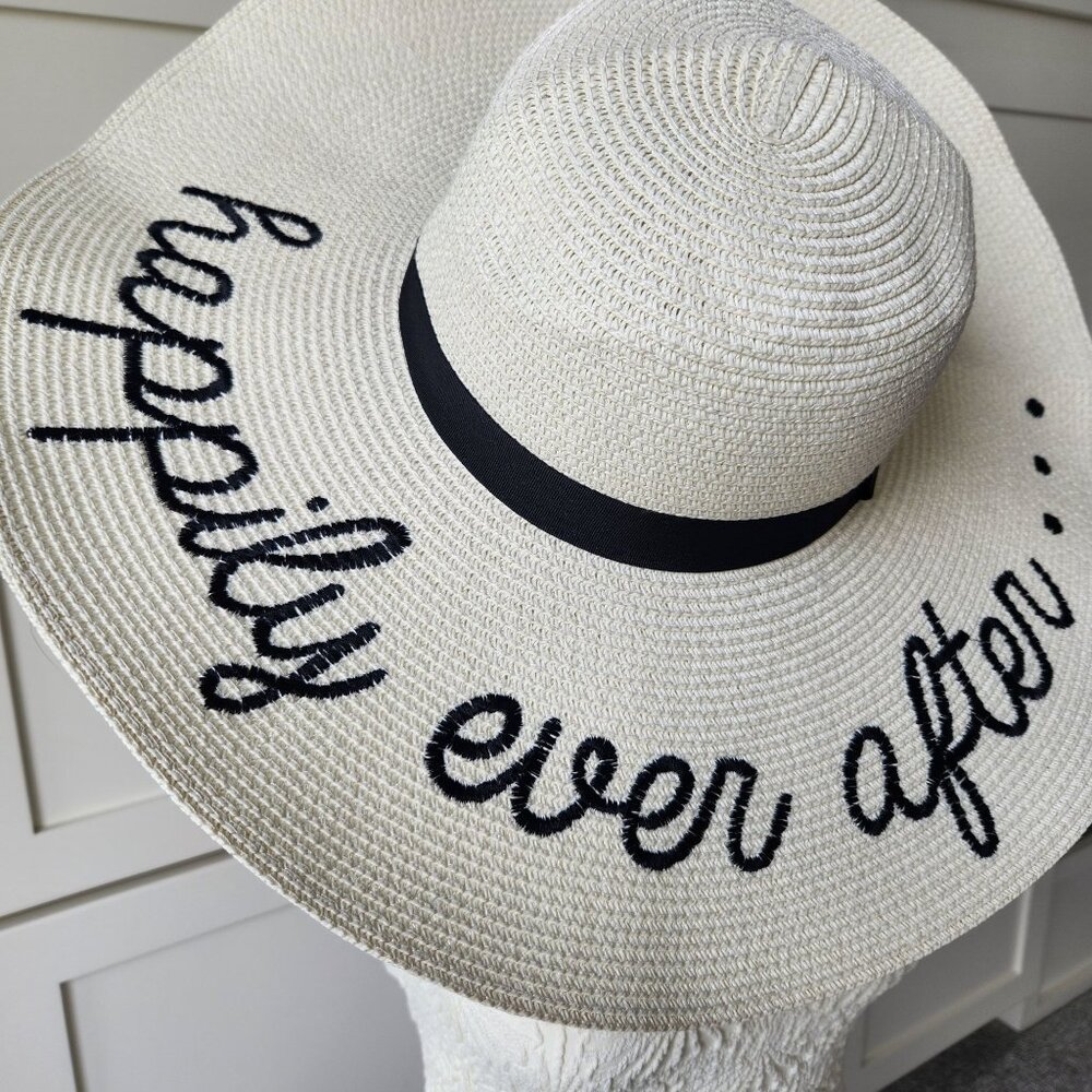 Wide-Brim Straw Sun Hat "Happily Ever After" Adjustable Wedding Honeymoon Bride - Picture 2 of 7